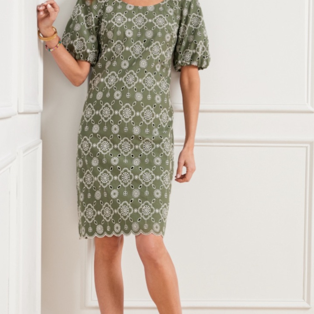 Talbots Green Sheath Dress with Puff Sleeves